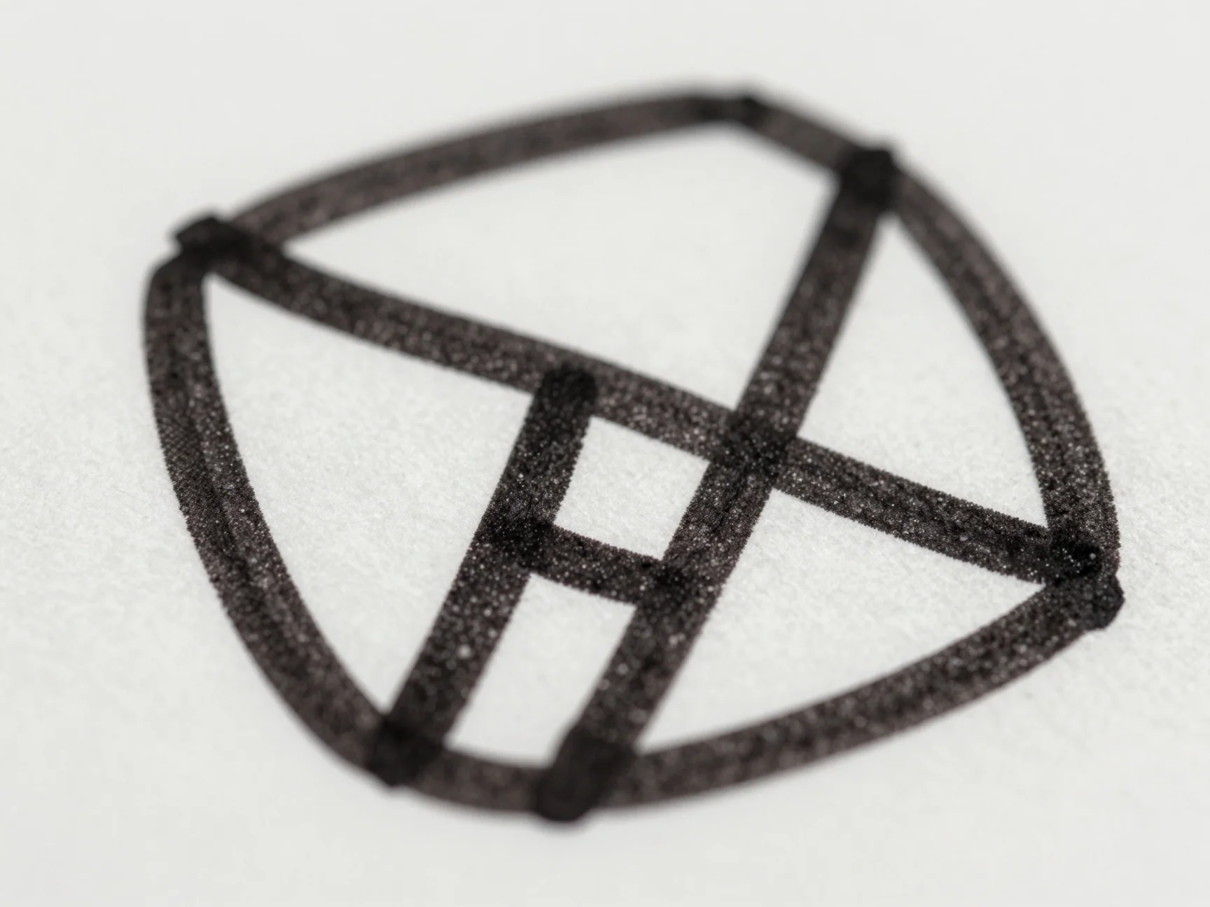 Dark marks and a white interior area on off-white paper.