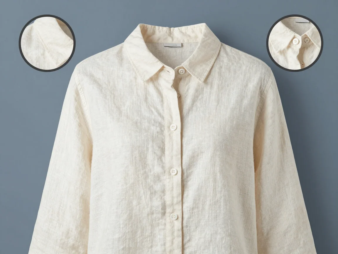 Pale fabric, white buttons, and small buttonholes on a contrasting background.