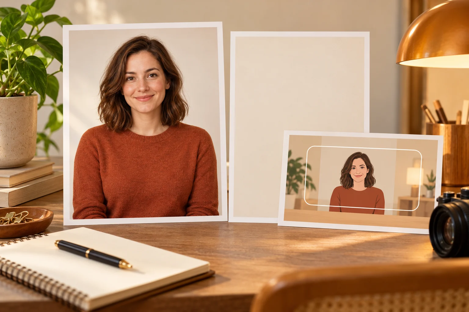 Portrait preparation board showing a person in a rust sweater against original and neutral backgrounds.