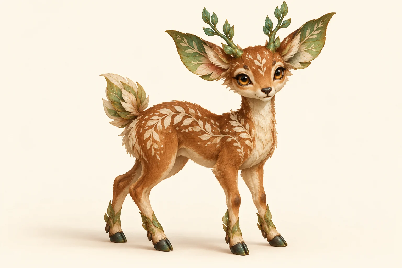 Cinnamon woodland deer creature with leaf ears and pale fern markings.