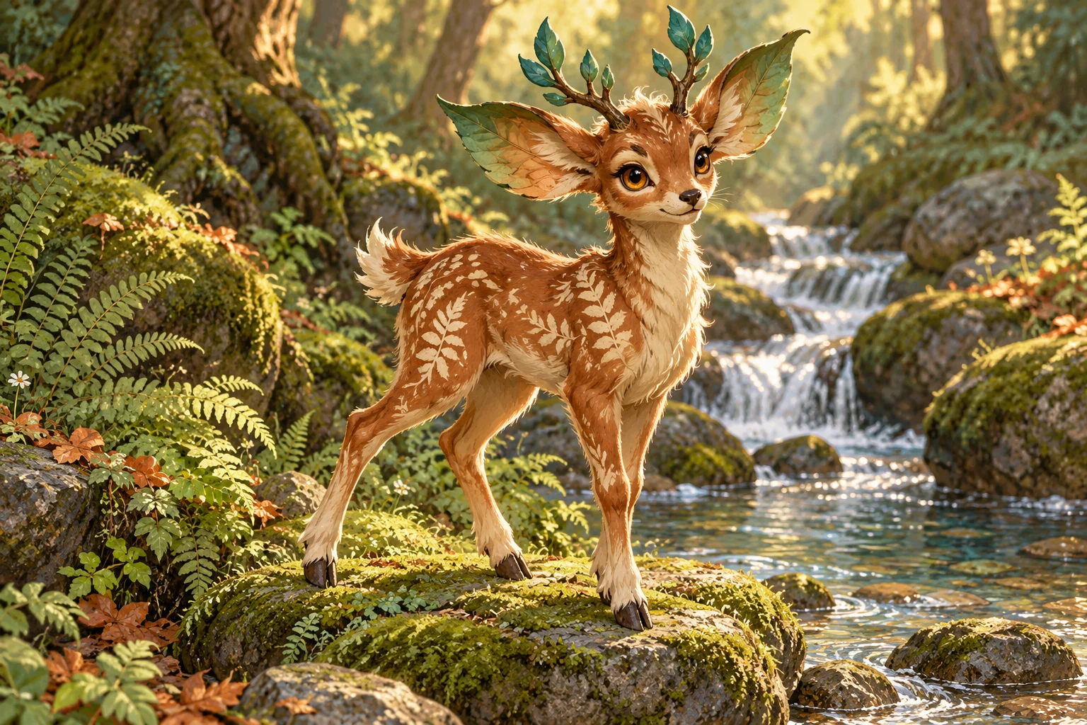 Woodland deer creature beside a stream under fern-covered trees.
