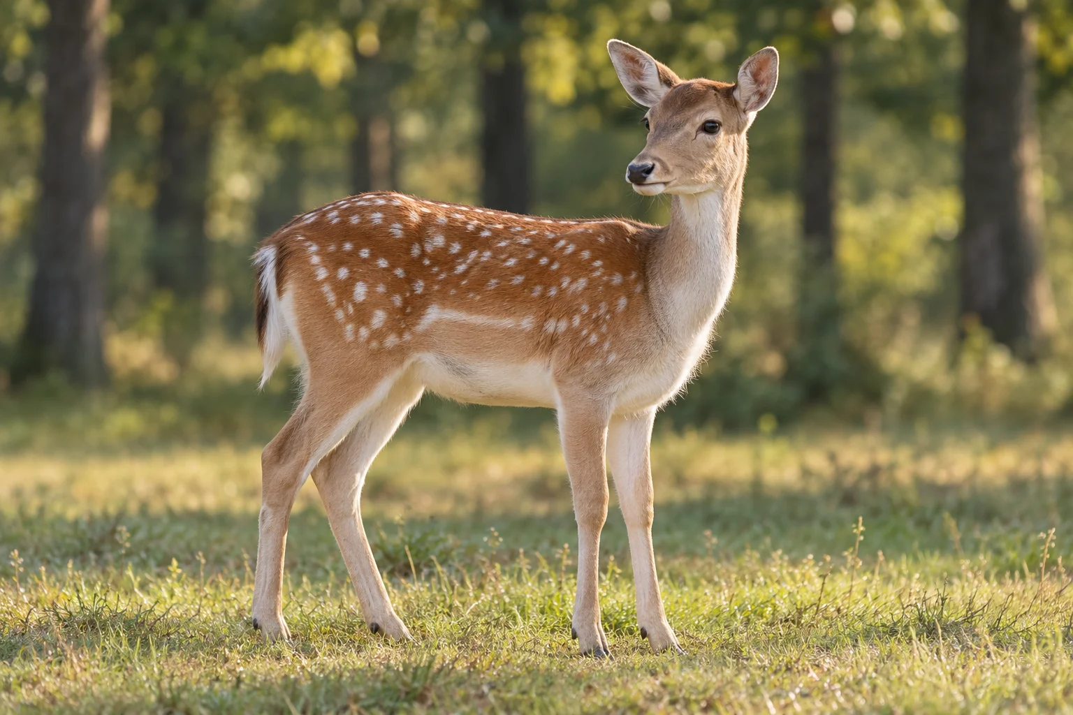 Young deer standing in a sunlit clearing with its full outline visible.