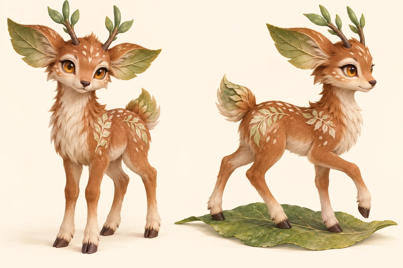 Two poses of a leaf-eared deer creature on a light background.